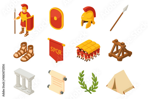 Isometric ancient roman icons: warriors, armor, and empire symbols