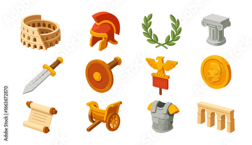 Ancient rome symbols set in flat style featuring coliseum, gladiator helmet, laurel and roman artifacts