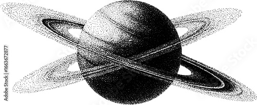 Stippling dotwork illustration of small saturn with rings in vintage halftone style