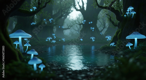 An enchanted forest scene with a tranquil pond and glowing blue mushrooms at night.