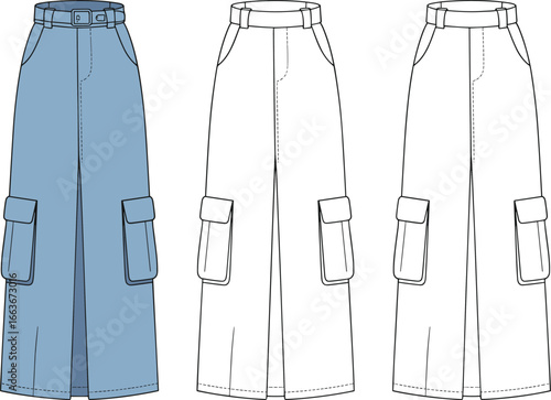 CAD drawing flat vector illustration of women's long cargo skirt with belt, pockets, front slit, casual style, fashion design technical sketch