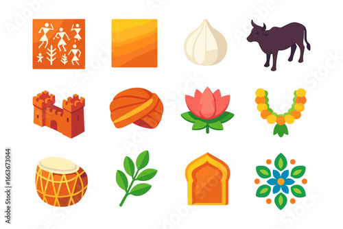 Traditional indian culture icons set featuring food, architecture, and symbolic elements in vibrant colors
