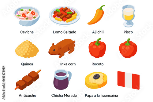 Peruvian cuisine icons set featuring traditional dishes and ingredients in isometric style