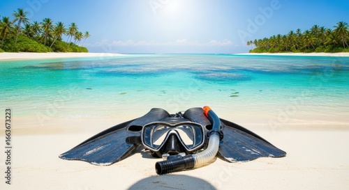 Snorkeling gear, including mask, snorkel, and fins, rests on a pristine tropical beach with turquoise ocean and palm trees