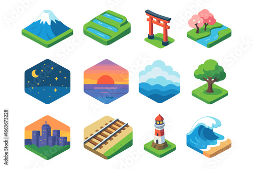 Scenic isometric icons of japan's natural and cultural landmarks