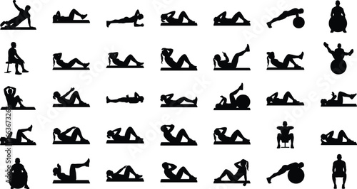 Core and Abdominal Exercise Silhouettes with Stability Balls and Mats – Fitness Workout, Home Training, Strength, Pilates, Yoga Vector Clipart