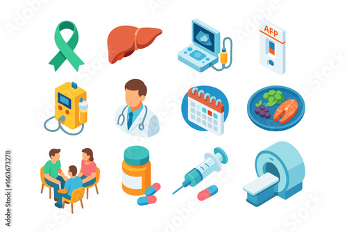 Isometric icons of liver health awareness and medical equipment