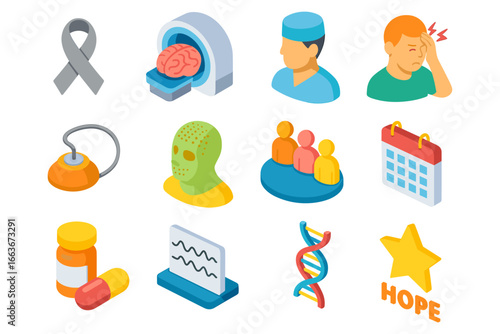 Isometric symbols of medical awareness, health professionals, and research concepts