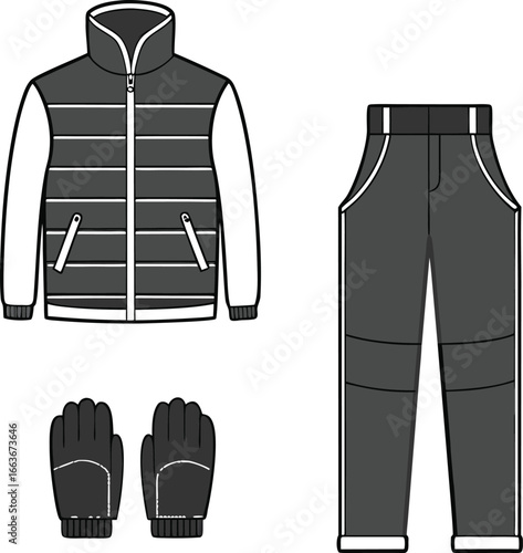 Stylized puffer jacket vest and snow pants