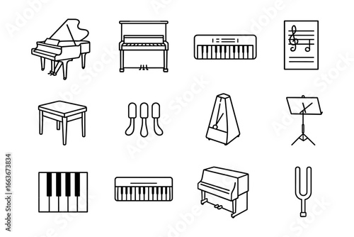 Piano and music icon set in linear style for musicians and composers