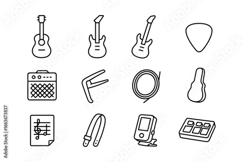 Linear music equipment icons set including guitar, amp, and accessories