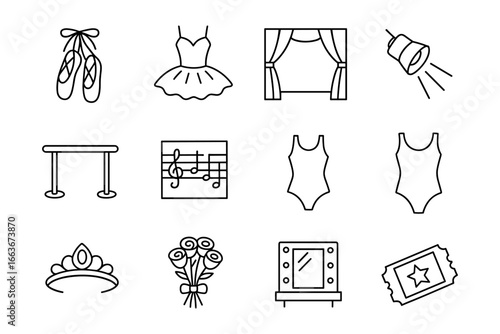 Dance and theater icons set: ballet shoes, tutu, stage, and more in linear style