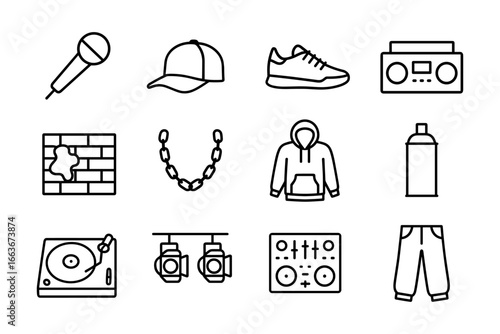 Hip hop icons collection: microphone, sneakers, and more in simple black line art