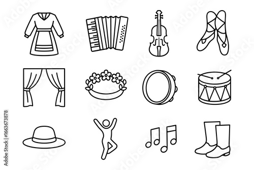 Traditional music and dance icons featuring instruments and attire in linear style