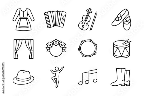 Linear icons of cultural music and dance elements for artistic projects