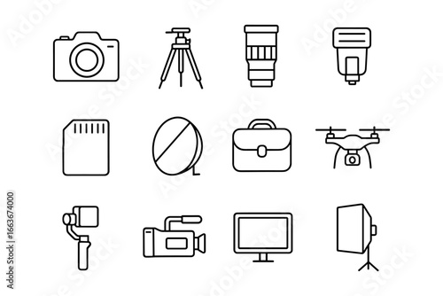 Minimalist camera equipment icons for photography and videography devices