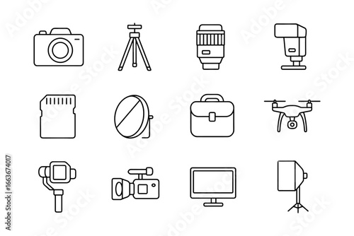 Essential photography equipment icons collection in minimalist linear style