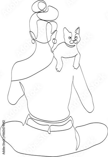 Beautiful woman hugging her pet cat. One line illustration