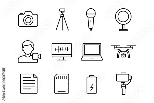 Essential equipment icons for modern photography and videography in linear style