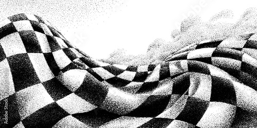 Abstract warped checkered pattern with stippling and dotwork effect