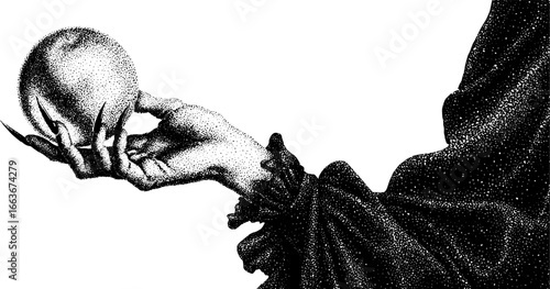 Mystical witch hand holding potion sphere in stipple dotwork design for halloween decor