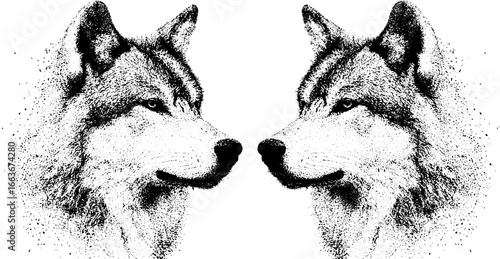 Stippling dotwork illustration of mirrored wolf faces for vintage design