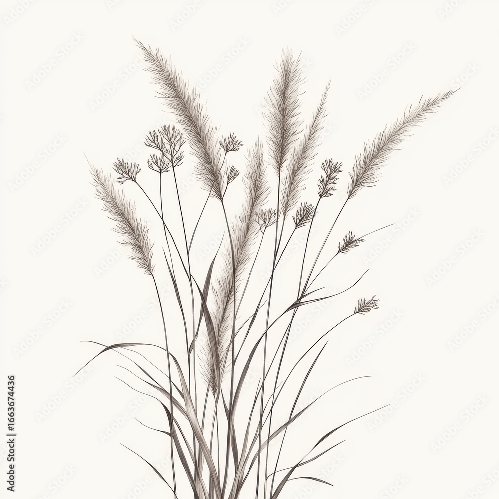 Fototapeta premium An artistic botanical illustration of feathery grass plumes and seed heads, isolated on a white background