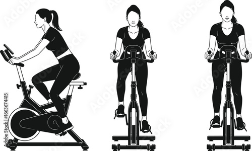 Exercise bike workout illustration, indoor cycling posture, fitness training vector, gym cardio graphic, athletic sports icon, endurance routine design, spinning class artwork
