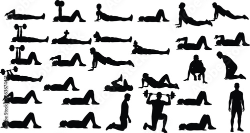 Exercise silhouettes collection, weightlifting push‑up squat poses, fitness workout icon set, vector illustration, gym art, bodybuilding design, athletic training, sport graphic