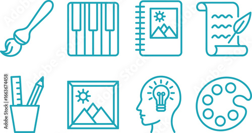 Blue Creative Icons Set Brush, Keyboard, Notepad, Writing, Pencil, Frame, Head, Palette