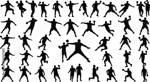 Handball Silhouettes, Dynamic Handball Players, Jump Shots and Passes, Handball Action Poses, Team Sport Silhouettes, Athletic Handball Movements