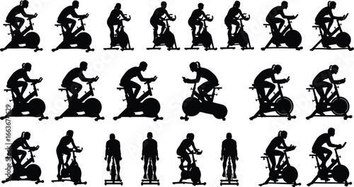 Indoor Cycling Silhouettes – Stationary Bike Workout, Spin Class Poses, Gym Cardio Training, Fitness Exercise Vector Illustration Set