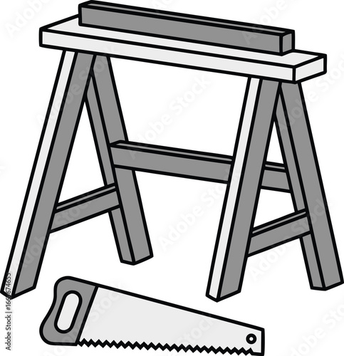 Stylized sawhorse handsaw and wood piece