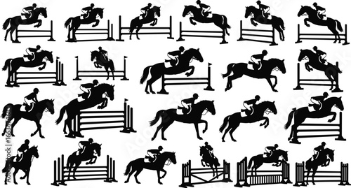 Horse Jumping Silhouettes, Equestrian Show Jumping, Rider and Horse Action, Jumping Over Obstacles, Equestrian Sports, Competitive Horse Riding