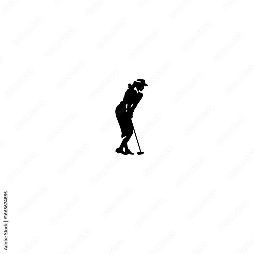 Fototapeta premium Simple Stencil Golfer Lady Logo – Black on White Golf Player Silhouette – Minimalist Sports Icon