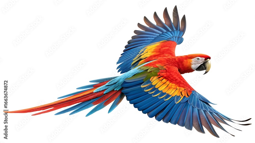 Fototapeta premium Scarlet macaw flying with wings spread wide open