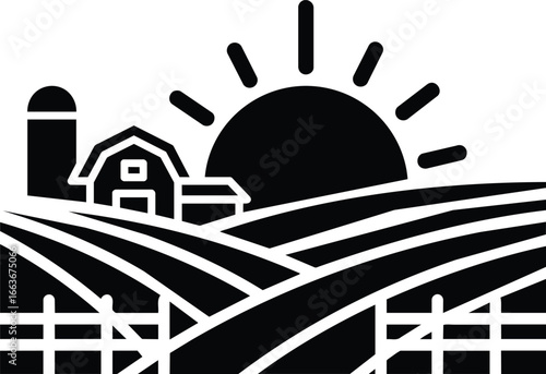 Black and White Farm Scene with Barn Silo and Fields.