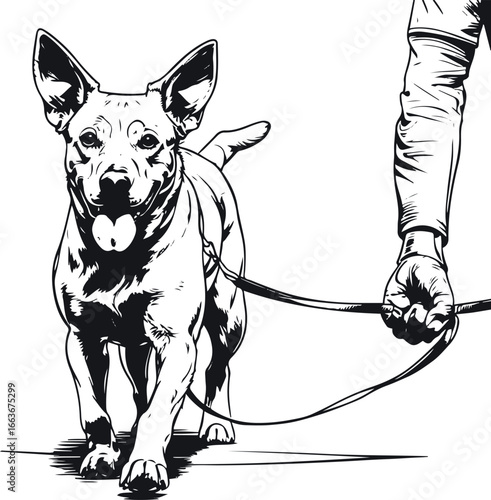 Bold line art of a dog walking on leash beside trainer, simple black and white outline, clear strokes 1