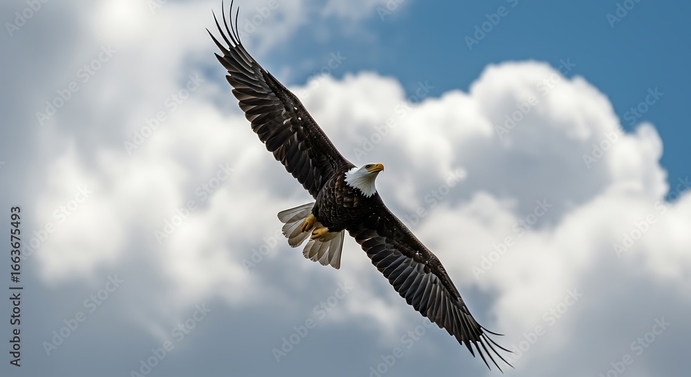 Fototapeta premium A Majestic Bald Eagle Glides Gracefully Through a Dramatic Cloudy Sky.