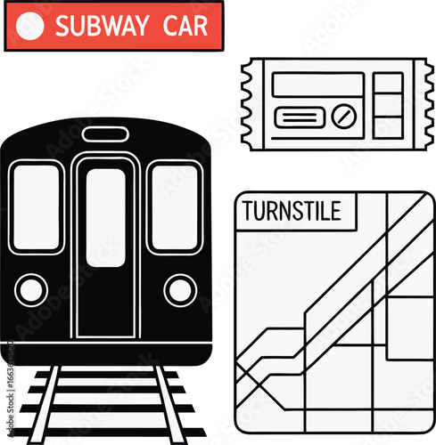 Stylized subway car turnstile and metro map