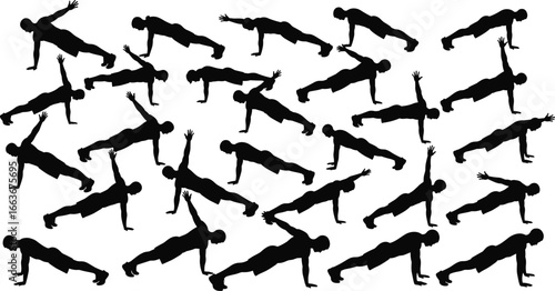 Plank exercise silhouette, fitness training poses, gym workout vector, core strength graphic, athletic sports icon, bodybuilding routine design, functional training illustration