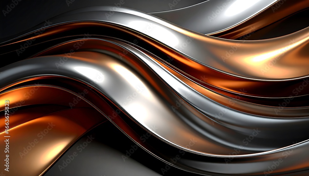 Obraz premium A dynamic composition of flowing metallic ribbons in copper and silver hues against a dark backdrop.