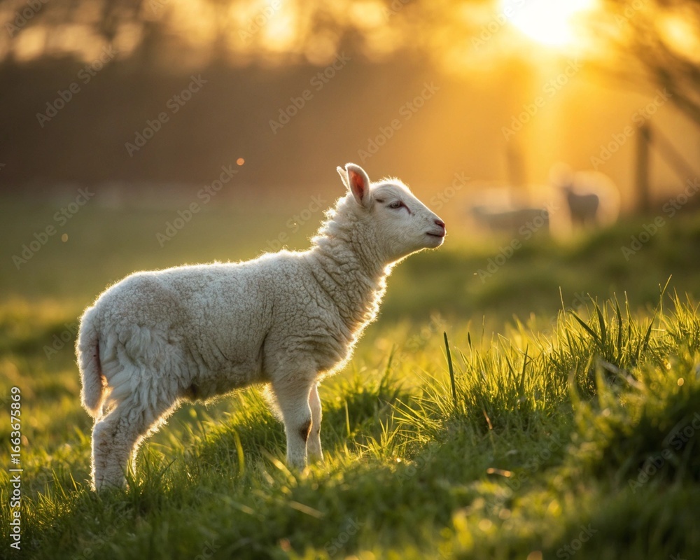 Fototapeta premium Sheep and young lambs graze peacefully in a green spring pasture