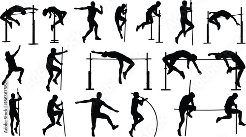 Pole Vault Silhouettes, High Jump Action, Pole Vaulting Techniques, Track and Field Jumping, Athlete Vaulting Pose, Sports Silhouette