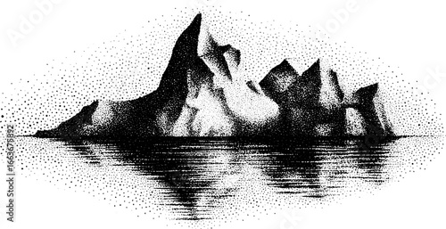 Stippling dotwork illustration of arctic iceberg reflecting calmly on water