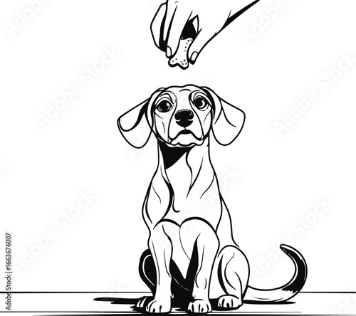 Bold line drawing of dog sitting while treat held above, minimal abstract black and white style