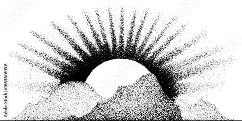 Stippling dotwork sunburst over mountain landscape illustration for artistic design