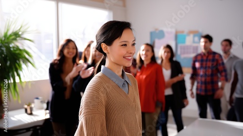 A newcomer enters a bright, modern office, warmly greeted by a diverse team. Posters promoting inclusion hang on the walls, with sunlight streaming through large windows.