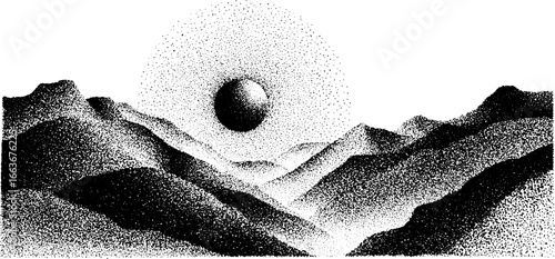 Stippling dotwork illustration of canyon strata with sun and mountains