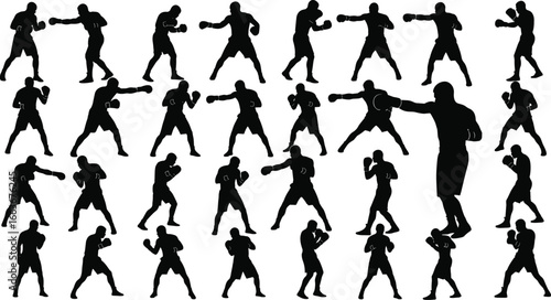 Silhouette of Boxers in Fighting Poses, Training and Sparring, Martial Arts Concept, Isolated on White Background, Vector Illustration